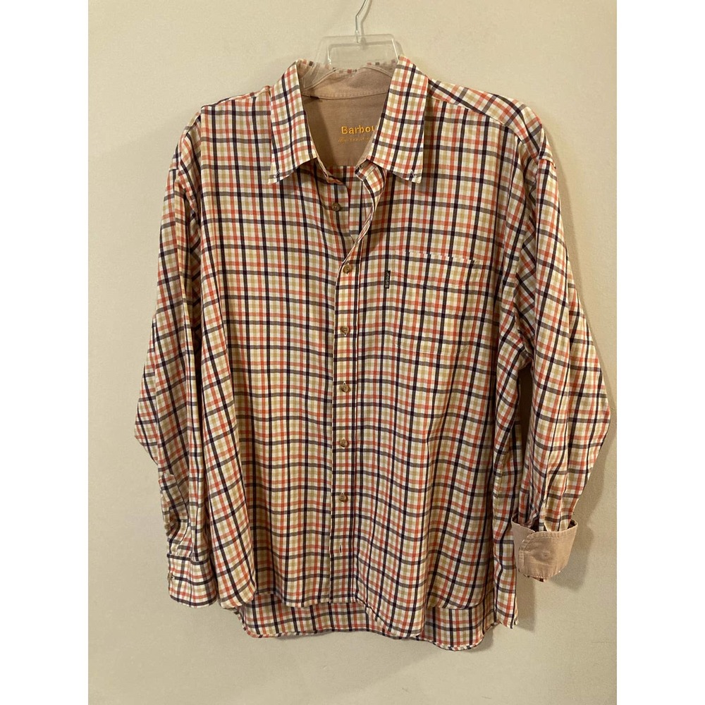 Barbour Men’s XXL Plaid The Country Shirt Orange Yellow Flip Cuff